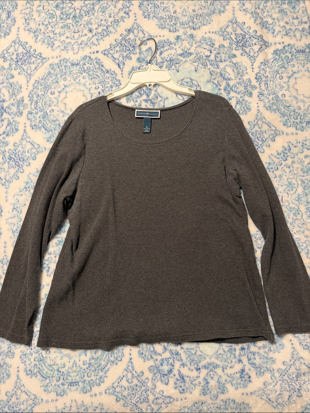 Karen Scott Long Sleeve Scoop Neck Top - Charcoal Gray